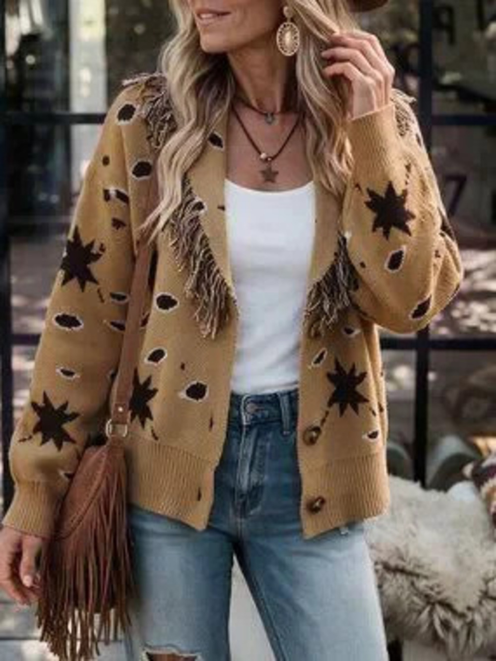 ZARA Brown Casual Women's Vacation Tassel Decor Cardigan